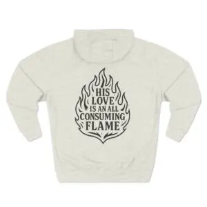 Light gray sweatshirt with a bold black flame design and text.