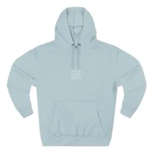Light blue hoodie with front pocket and drawstrings.