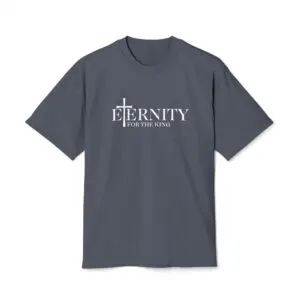 Dark gray T-shirt with 'Eternity' text and cross graphic.