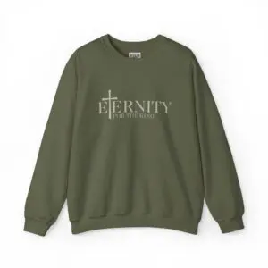 Olive green sweatshirt with 'Eternity' text and cross design.