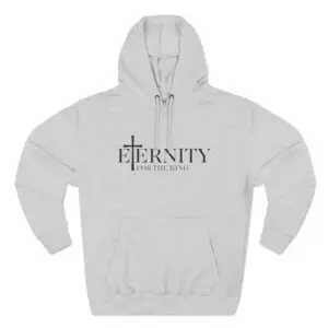 Gray hoodie with 'Eternity' text and design.
