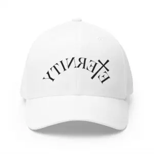 White baseball cap with "Eternity" text
