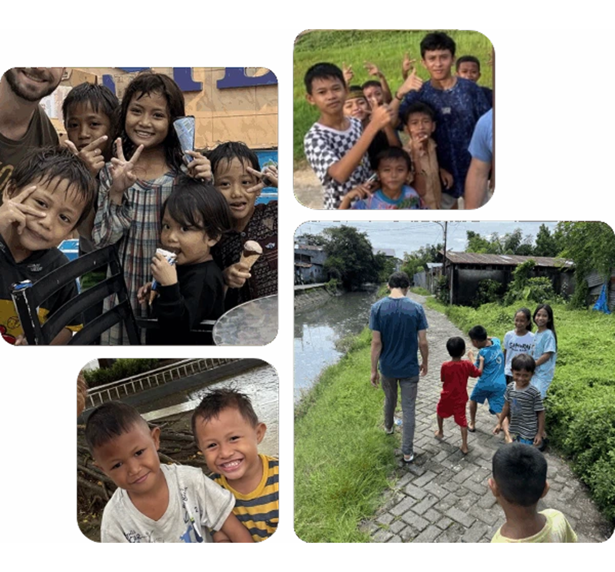 Collage of smiling children by riverside path