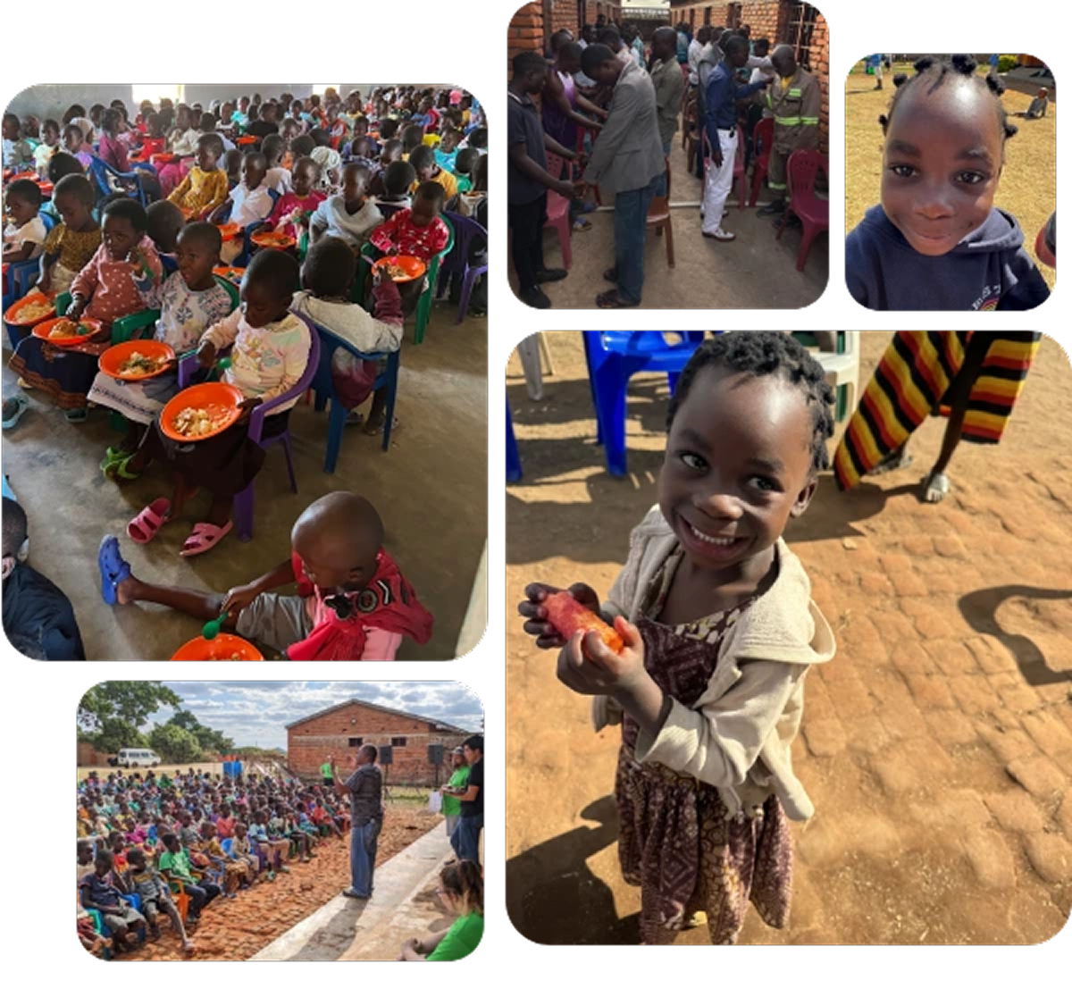 Collage of children receiving meals and smiling