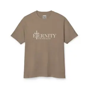 Tan t-shirt with cross and "Eternity" text