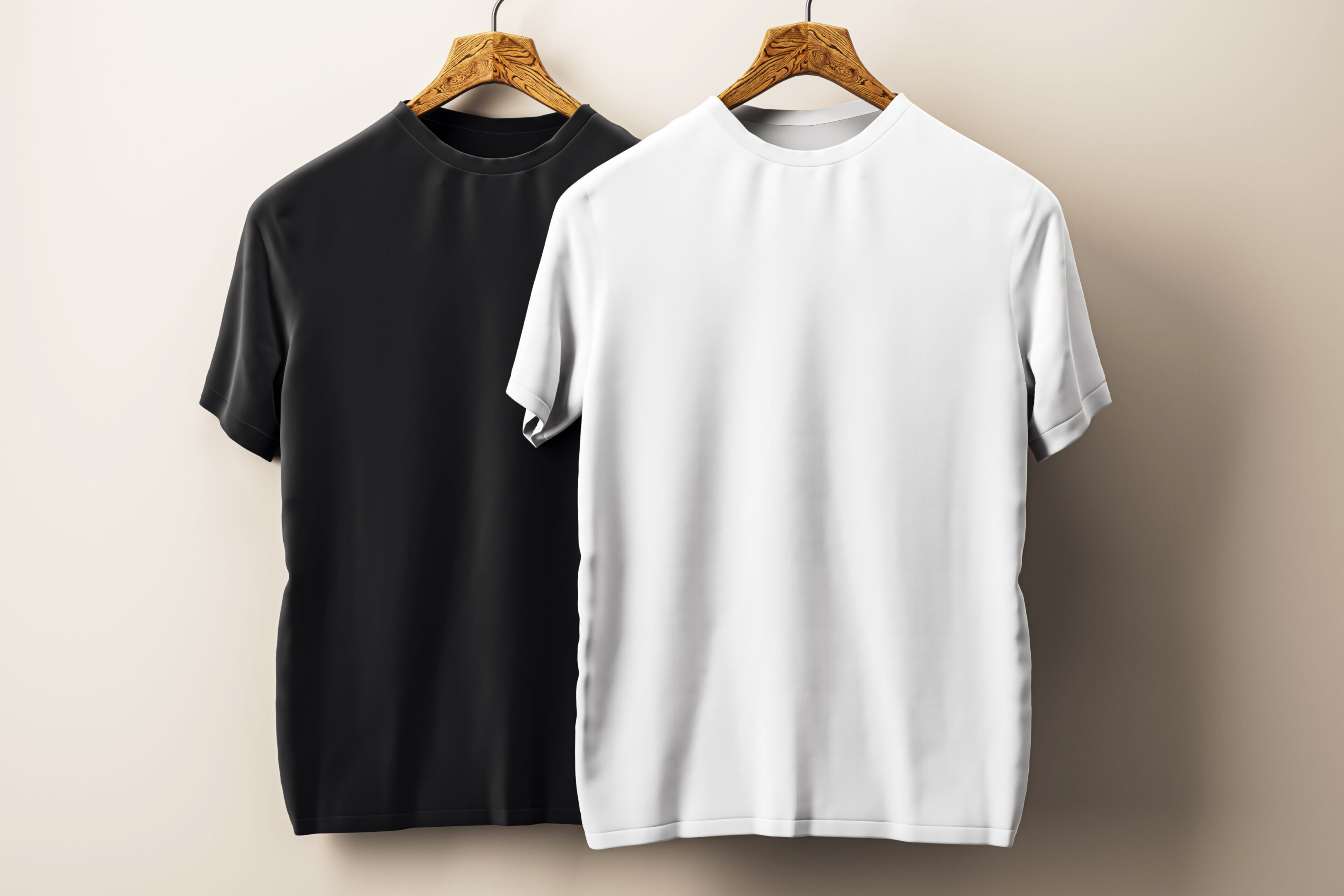Black and white t-shirts on hangers.