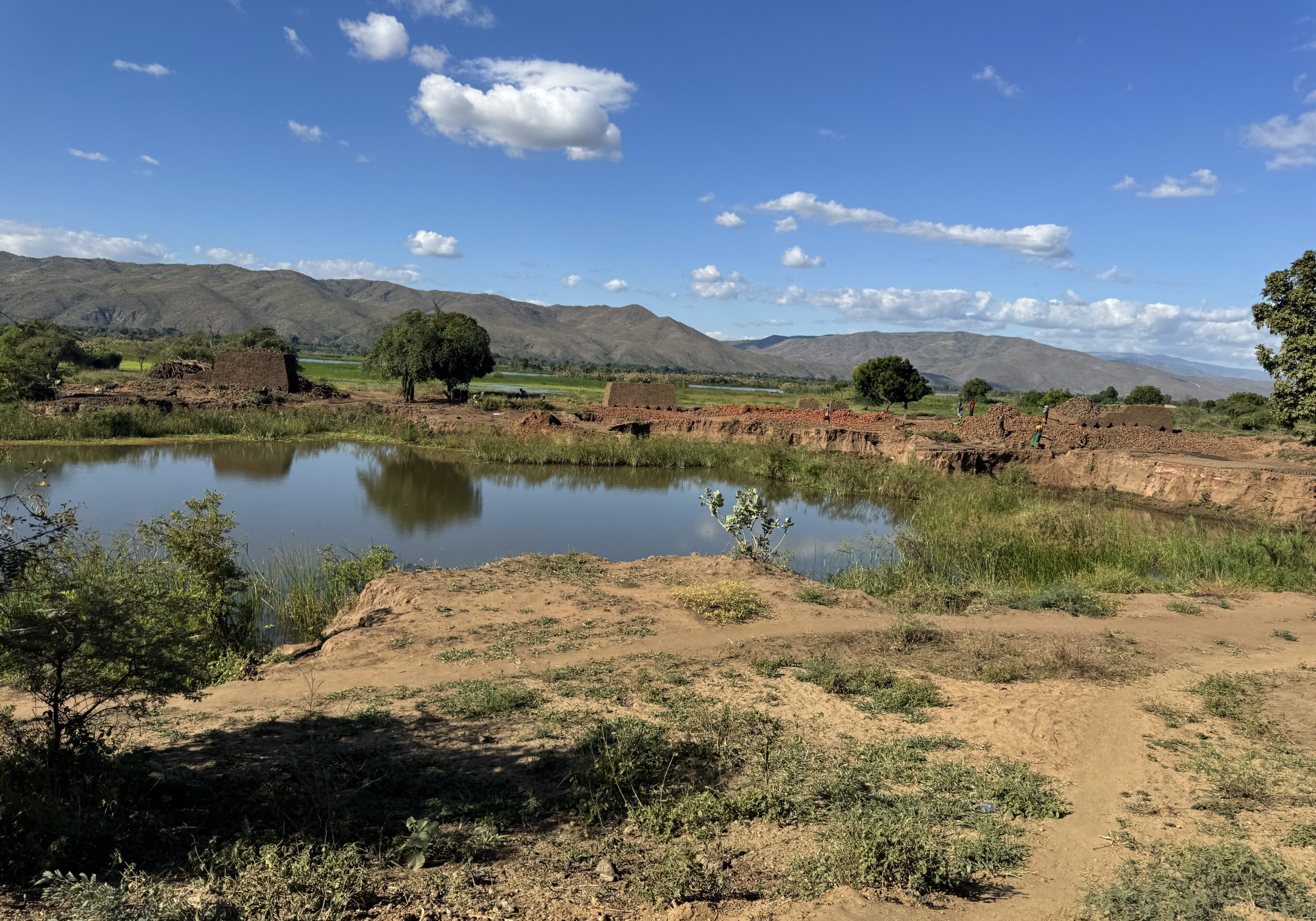 A tranquil pond with mountains and clear skies in the background.