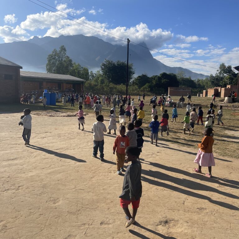 Children playing outdoors on a sunny day in a schoolyard.